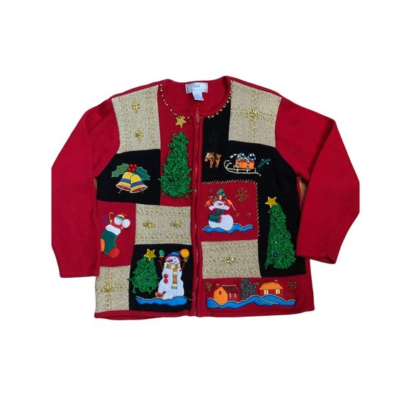 Ugly Christmas Holiday Party Sweater Color Block Snowman Trees Jingles Sz Medium - Picture 2 of 11